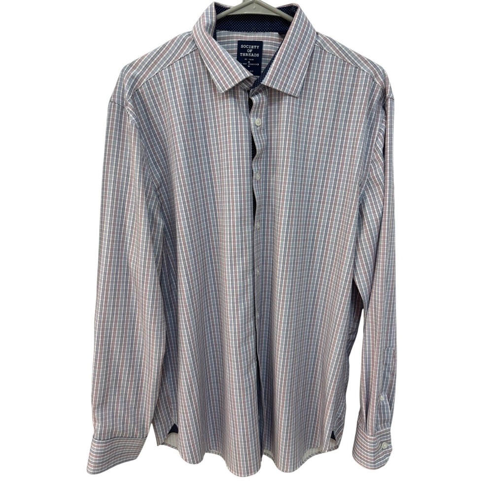 Society Of Threads Mens Dress Shirt Large Slim Fit Plaid 4-Way‎ Stretch